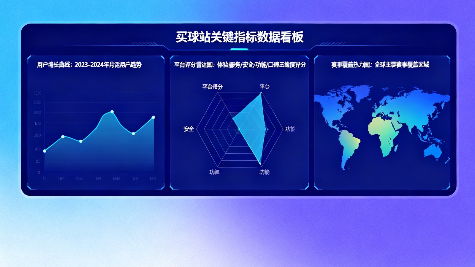 买球站数据仪表盘展示关键指标，包括用户增长曲线、平台评分雷达图和赛事覆盖热力图